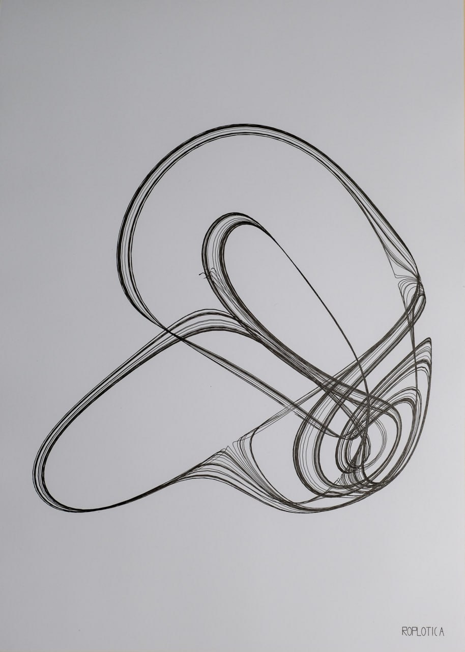 Strange Attractor I — flowing curves of a chaotic system, pen-plotted in archival ink