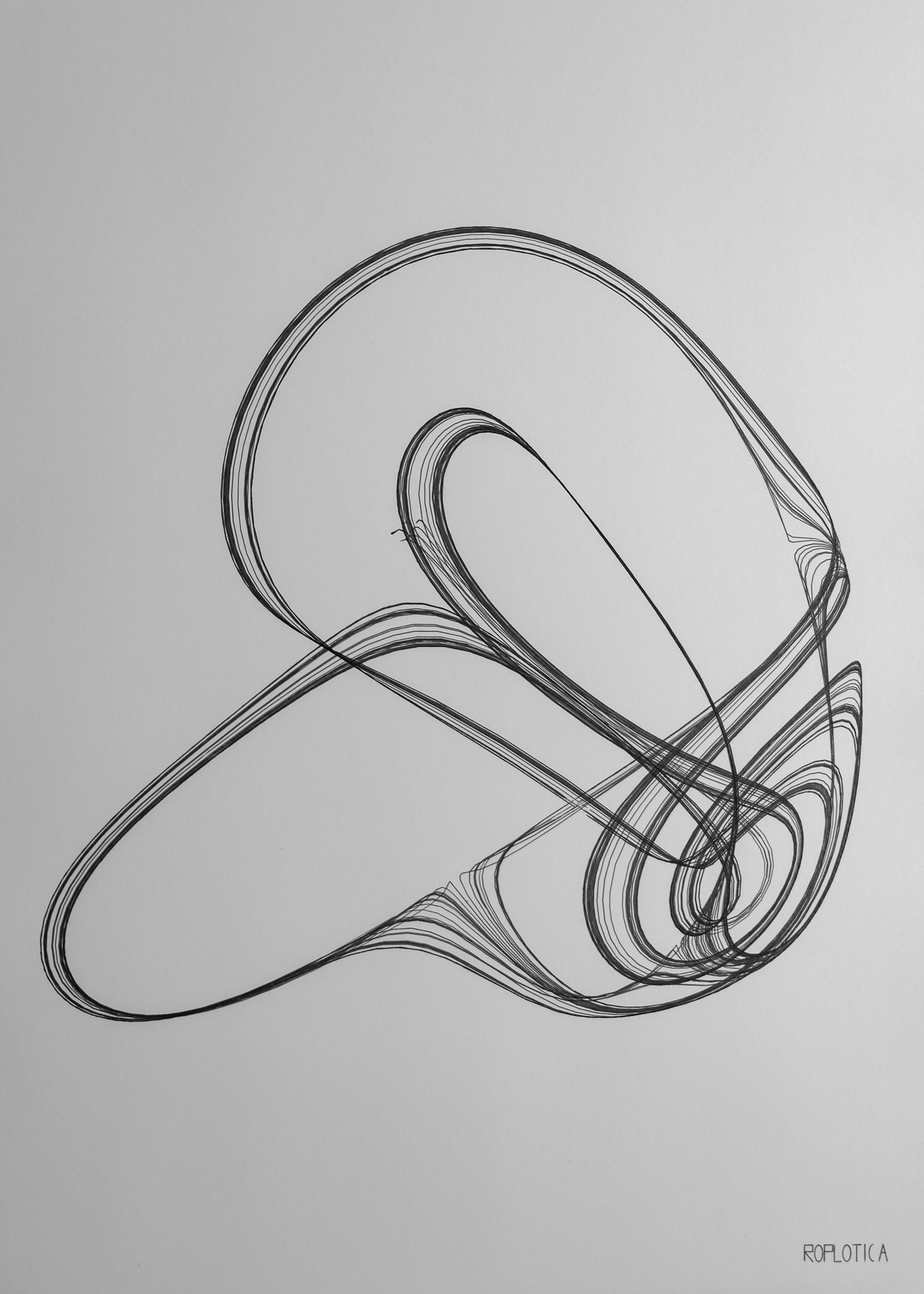 Strange Attractor I — flowing curves of a chaotic dynamical system, pen-plotted in archival ink on paper