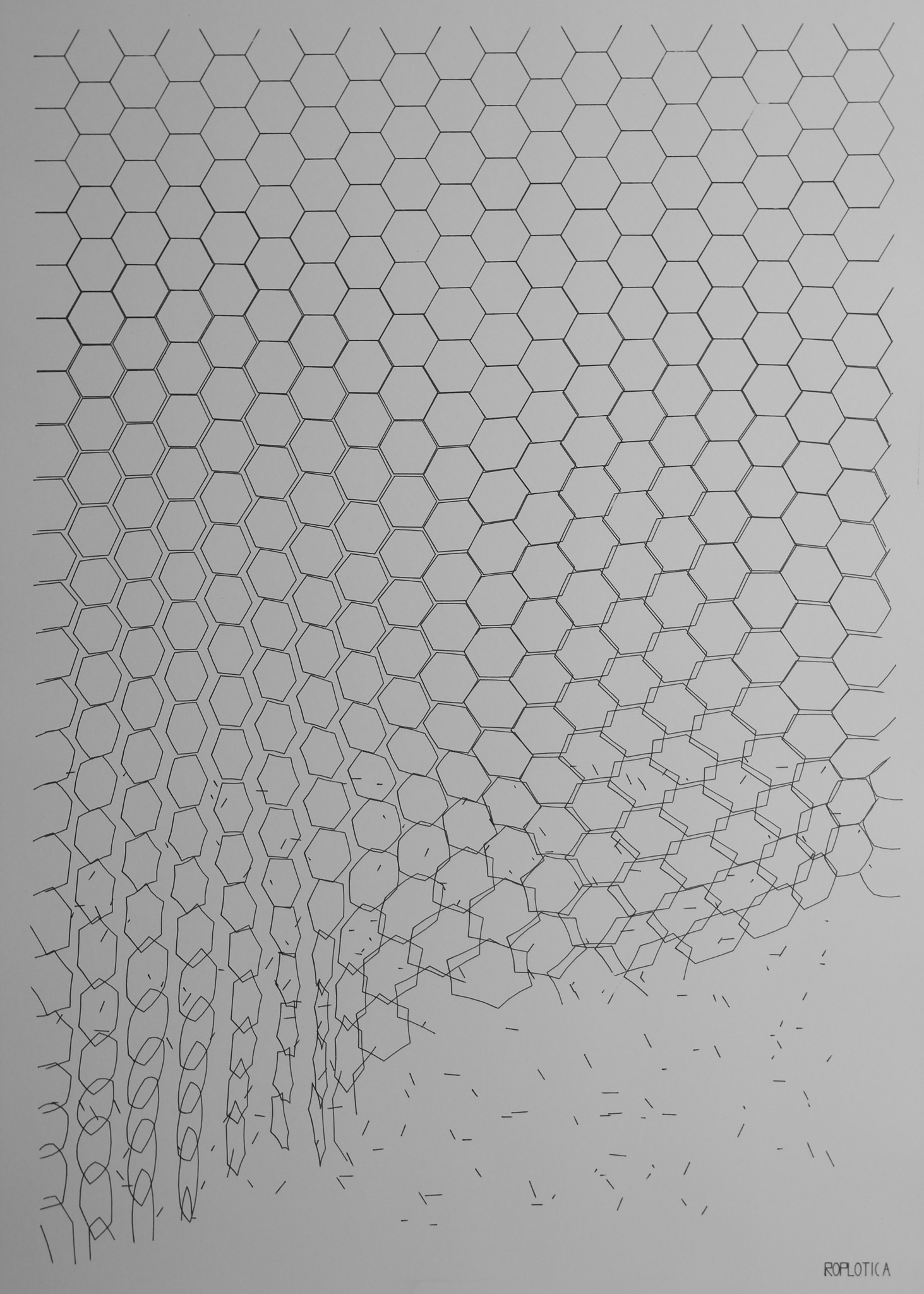 Dissolution — hexagonal grid dissolving into entropy, pen-plotted
