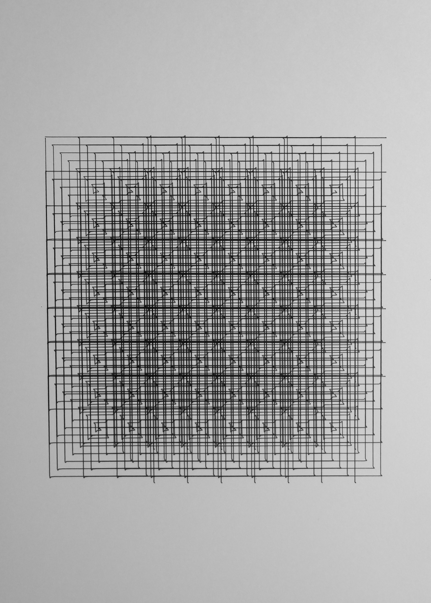 Interference Grid — op-art geometric grid with moiré patterns, pen-plotted in archival ink on paper