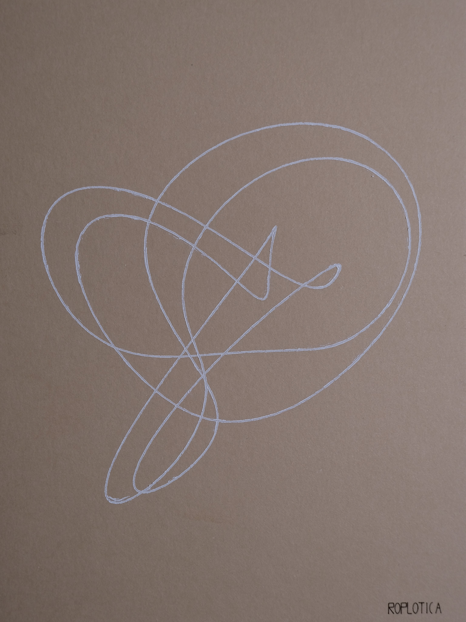Halvorsen Attractor — flowing three-dimensional knot in white ink on kraft paper