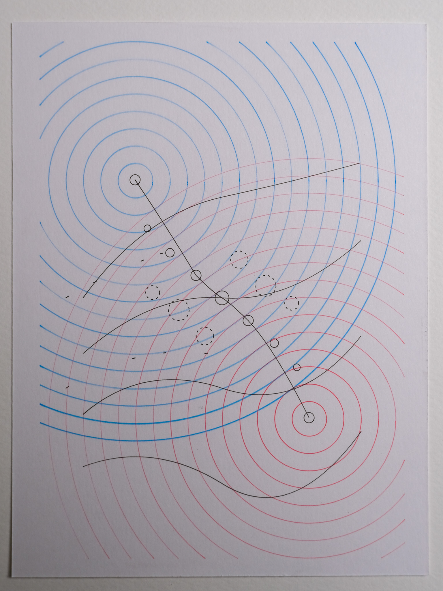 Interference — two-source wave interference pattern in multi-color ink